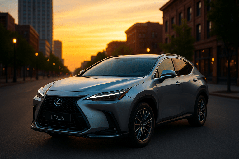 Lexus NX Hybrid отпред по време на залез в градска среда